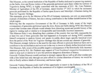 Neprimerena i istorijski netačna izjava nemačkog ministra poljoprivrede g. Džema Ozdemira