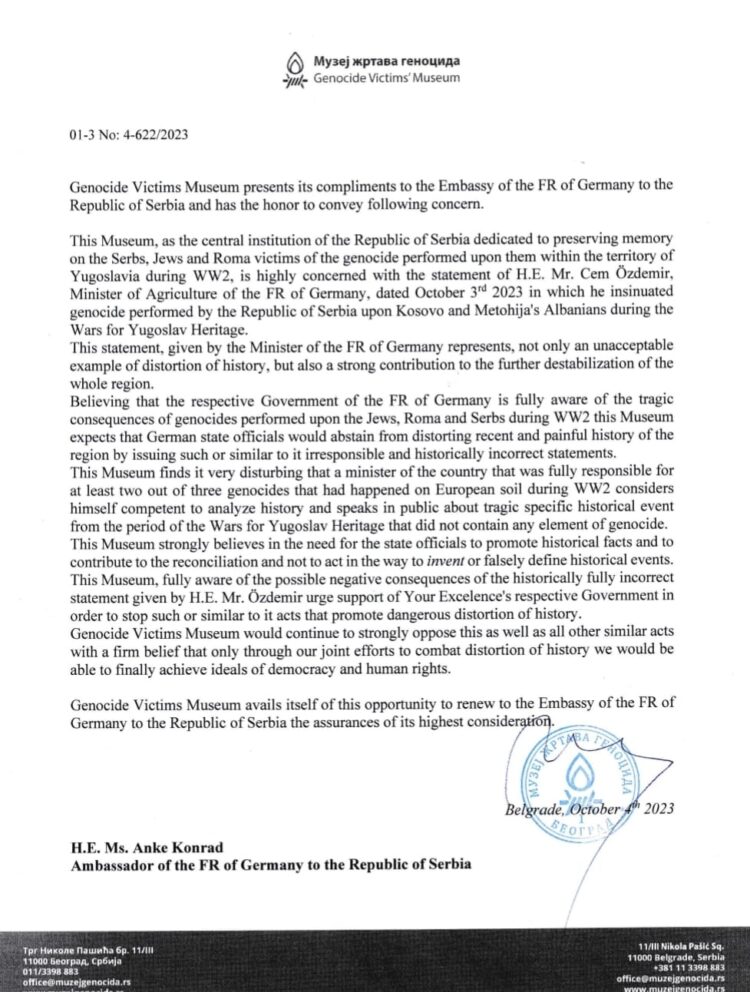 Непримерена и историјски нетачна изјава немачког министра пољопривреде г. Џема Оздемира